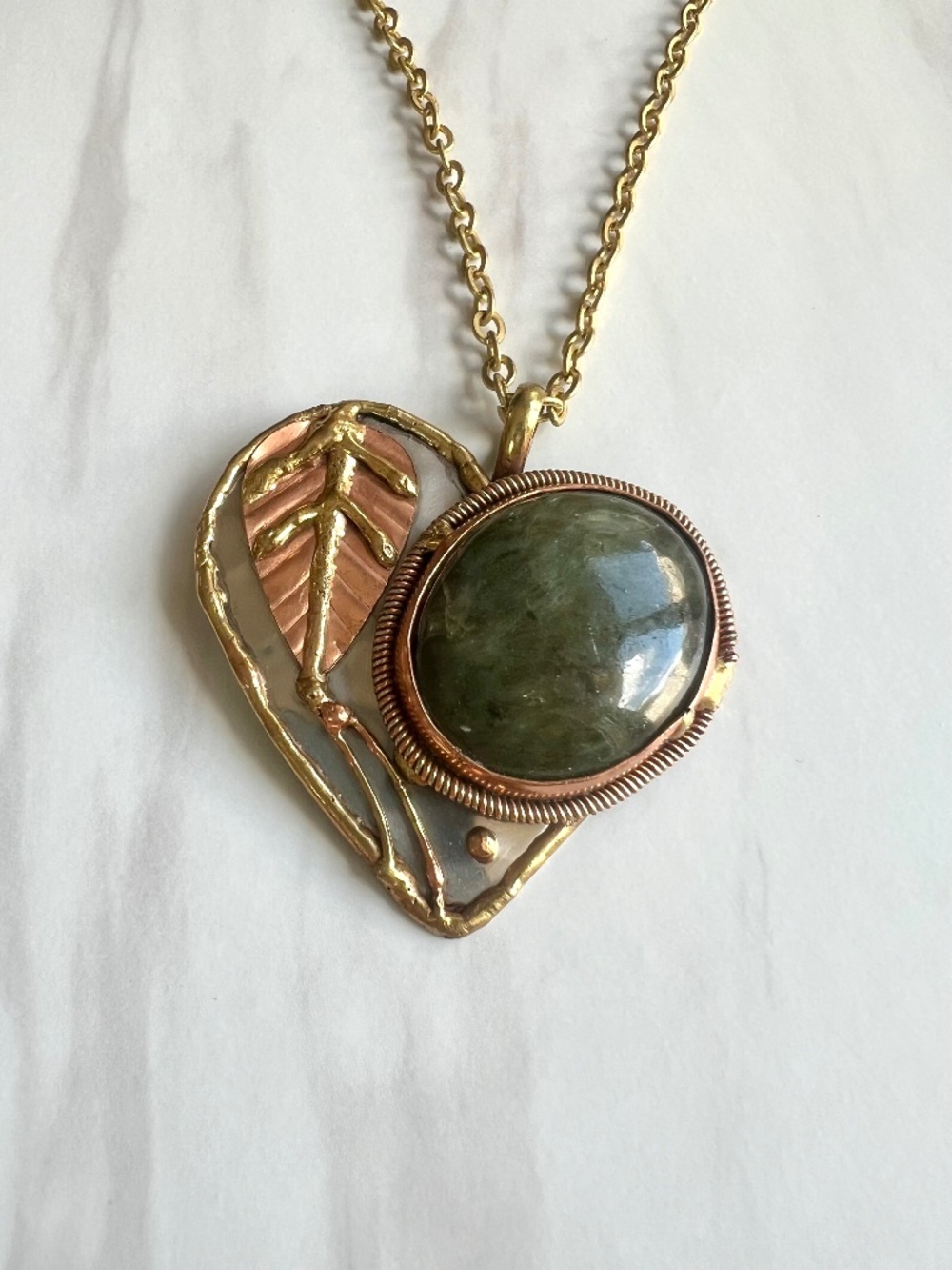 Vintage Boho Heart Necklace Green Stone Copper Leaf Chunky